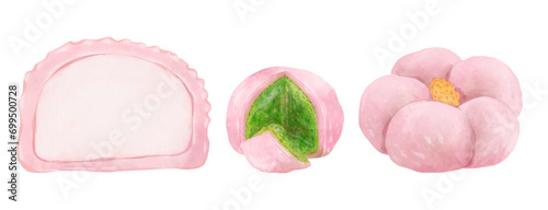 Set of traditional Japanese pink dessert for sakura blossom festival. Hand drawn illustration isolated on white background. Design element for menu, logo, packaging