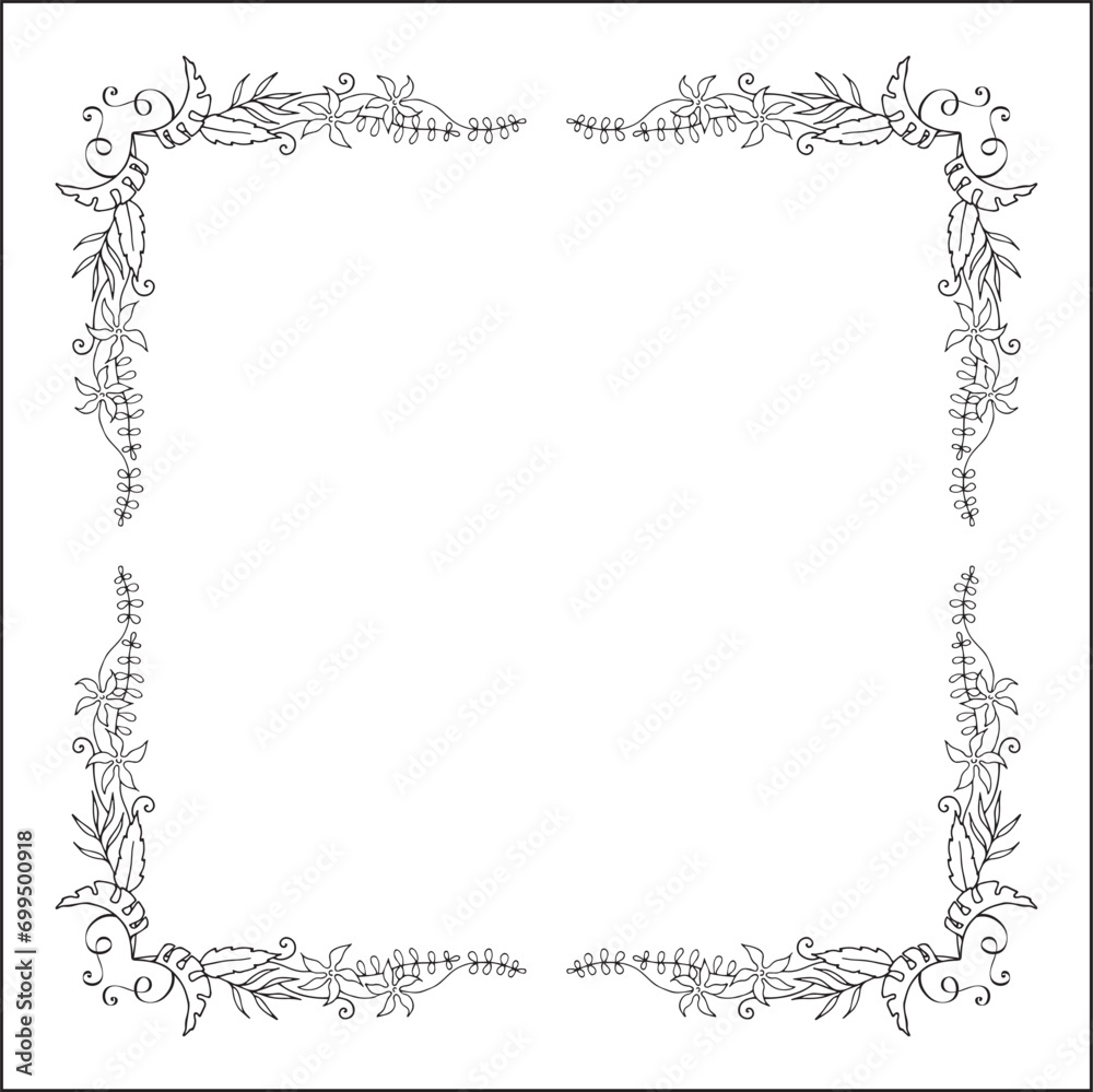 Vegetal floral frame with tropical leaves and flowers, decorative corners for greeting cards, banners, business cards, invitations, menus. Isolated vector illustration.	
