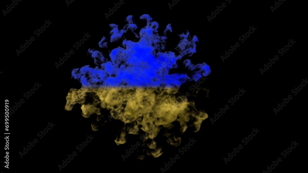 Smoke in blue and yellow ink color exploding in flag of Ukraine. Isolated on black background alpha channel.