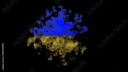 Smoke in blue and yellow ink color exploding in flag of Ukraine. Isolated on black background alpha channel.