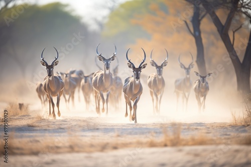kudu herd on a dusty african trail photo