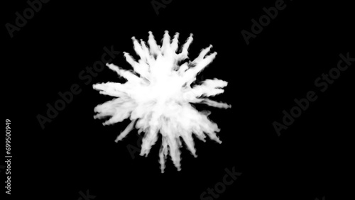 Abstract white smoke explosion with scattered streams. Isolated on black background alpha channel.