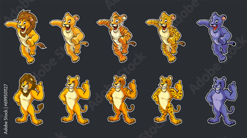 lion leopard puma tiger panther logo cartoon mascot set