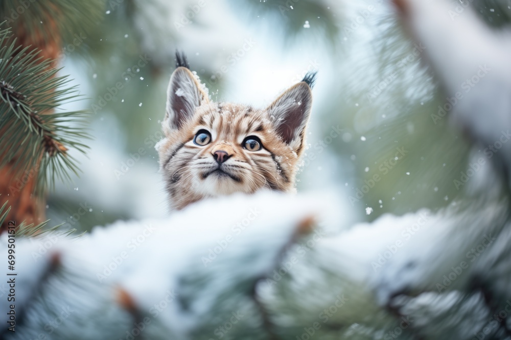 snow-covered pine trees framing lynx