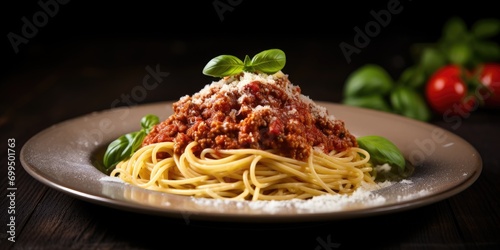 A plate of mouthwatering spaghetti , topped with freshly grated Parmesan cheese and a sprig of basil