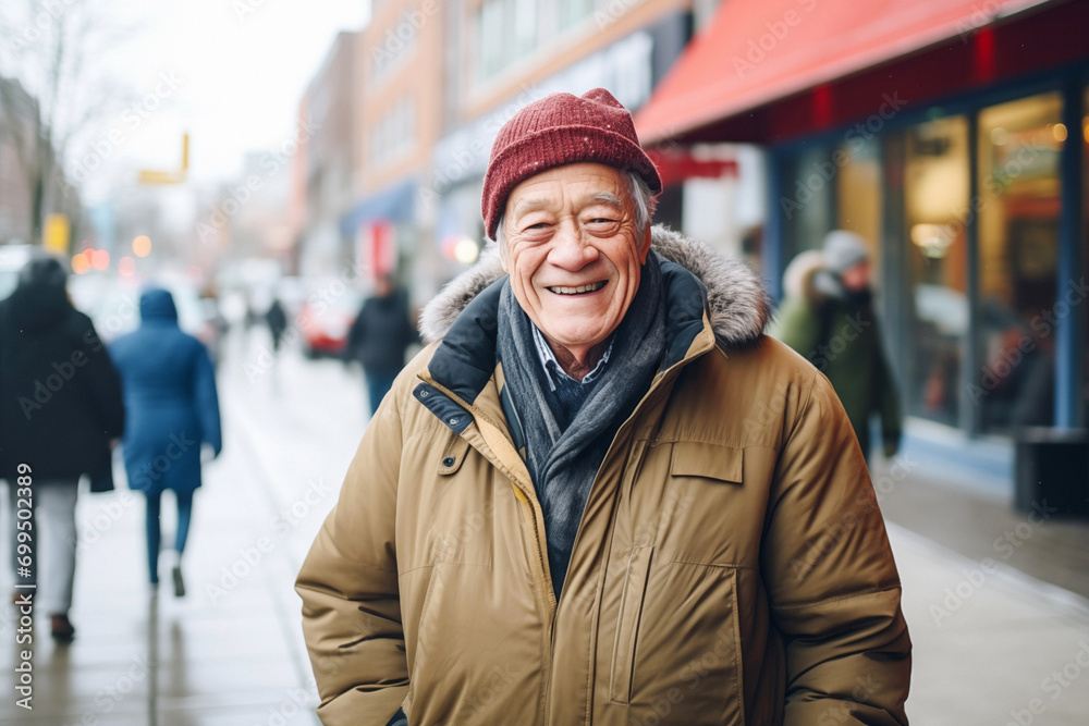 Senior man smiles standing on street among walking people. Elderly happy man in hat with scarf laughs alone in city center among shops Senior man smiles standing on street among walking people. Elderly happy man in hat with scarf laughs alone in city center among shops