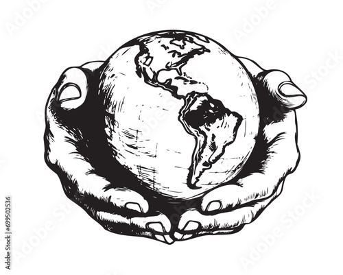 Planet earth in hands sketch hand drawn sketch Vector illustration
