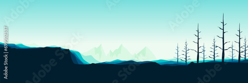 mountain sunset with tree silhouette landscape vector illustration design for wallpaper design, design template, background template, and tourism design template