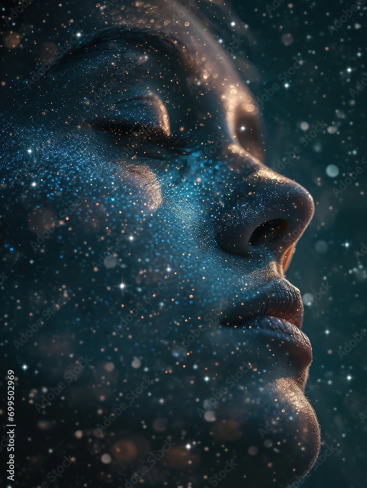 Dreaming human face among the stars