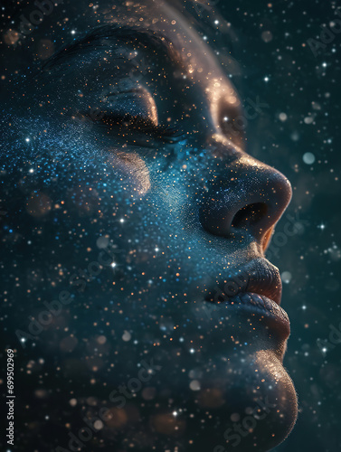 Dreaming human face among the stars