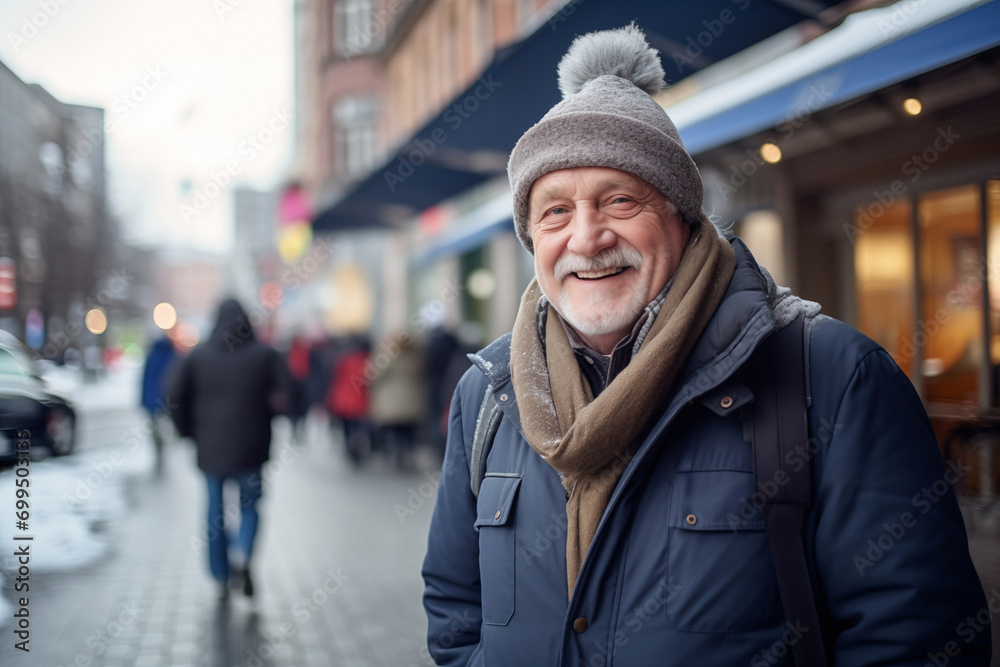 Grandpa in knitted hat stands on sidewalk smiling during winter holiday. Happy senior man enjoys walking during travelling to another country alone