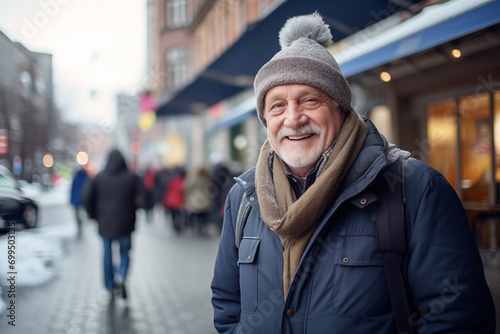 Grandpa in knitted hat stands on sidewalk smiling during winter holiday. Happy senior man enjoys walking during travelling to another country alone