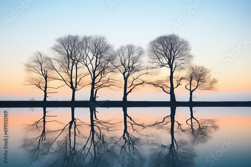 trees reflected on a still lake at dawn creating dual silhouettes