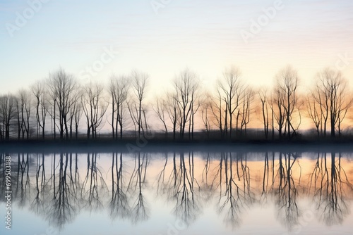 trees reflected on a still lake at dawn creating dual silhouettes