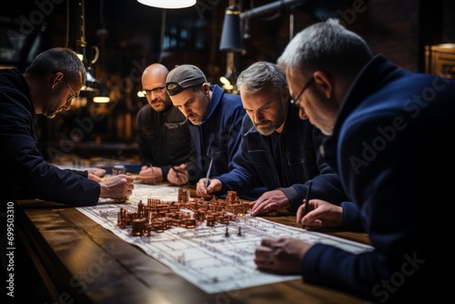 Collaborative civil engineering team at a construction site, brainstorming and fine-tuning architectural plans, Generative AI photo