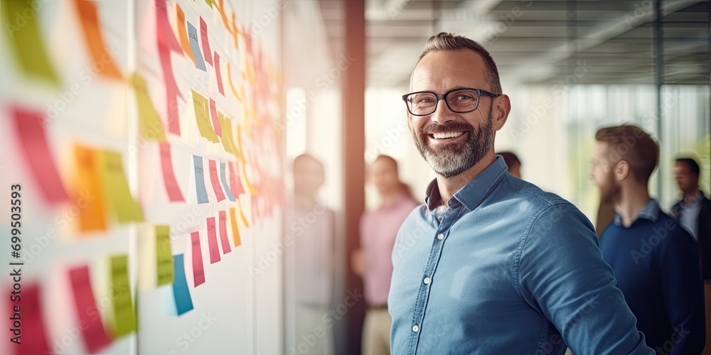 Portrait of creative caucasian happy man in casual wear talking and meeting with presentation Team discussing with colorful note paper on glass white office with sunrise lighting bokeh - obrazy, fototapety, plakaty 