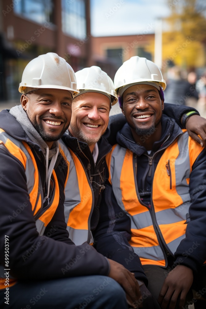 Cheerful group of civil engineers celebrating a successful project meeting with construction models in the background, Generative AI Cheerful group of civil engineers celebrating a successful project meeting with construction models in the background, Generative AI