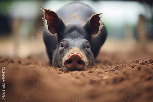 black pig rooting in damp soil photo