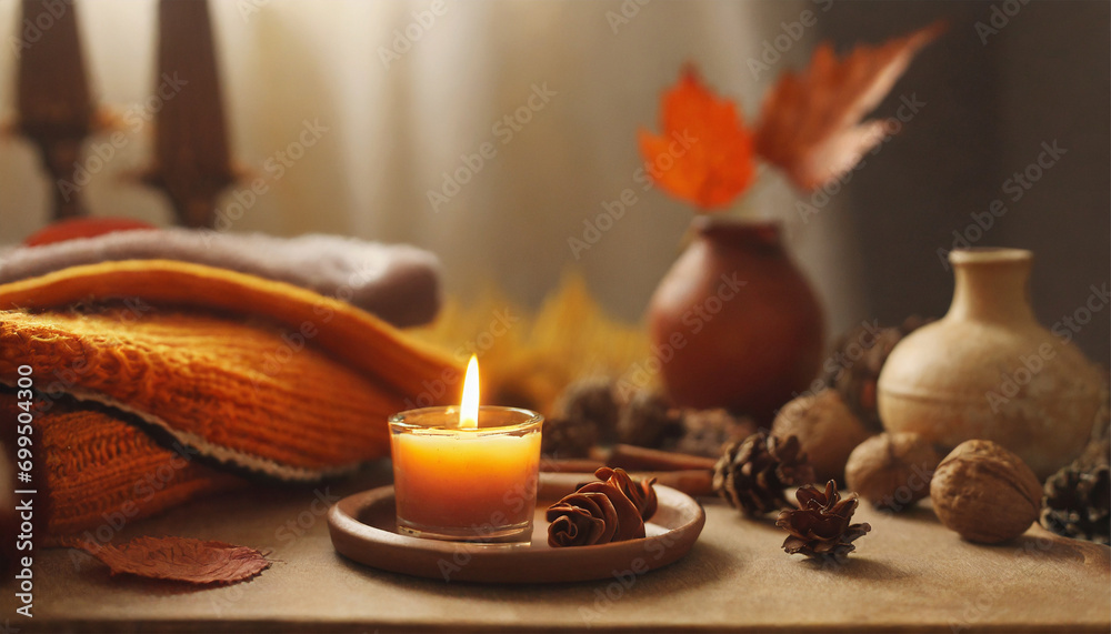 Lit Candle Enhancing Autumn Atmosphere in Home Interior