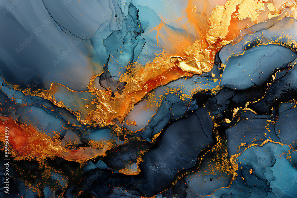 Alcohol Ink of Transluscent Hues of Metallic Swirls of Dark Blue and Gold