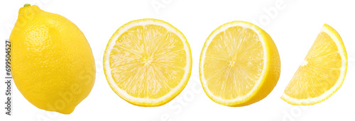 ripe lemon fruit, half and slice lemon isolated, Fresh and Juicy Lemon, transparent PNG, collection, cut out