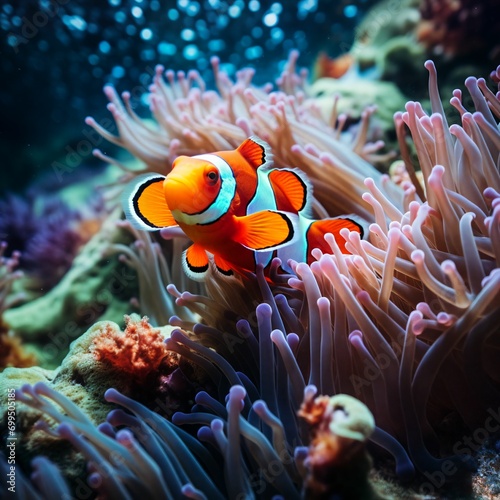 Clownfish in the ocean next to colorful corals and seagrass © HeGraDe