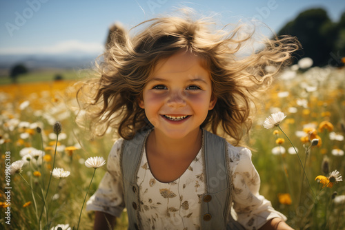 Bella bambina corre felice in un prato pieno di fiori in primavera