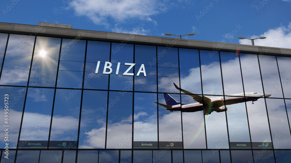 Airplane landing at Ibiza Spain airport mirrored in terminal - obrazy, fototapety, plakaty 
