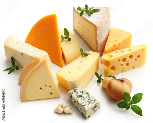  A vibrant image showcasing a variety of cheese including cheddar, blue cheese, and gouda, garnished with fresh herbs. The cheeses are displayed against a white background, making the colors pop.