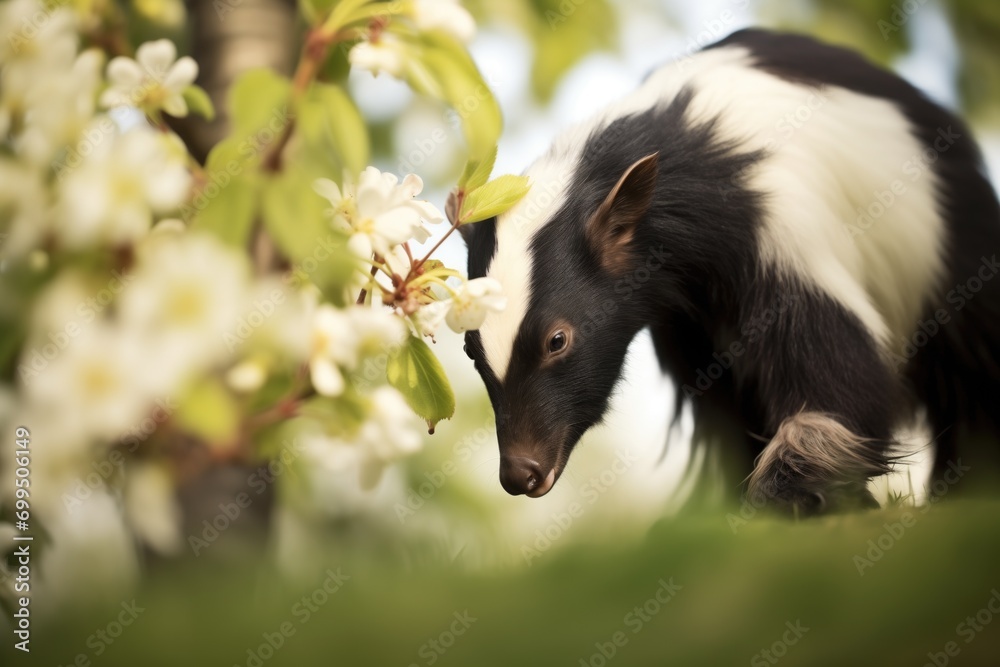 Obraz premium skunk foraging under a blooming apple tree