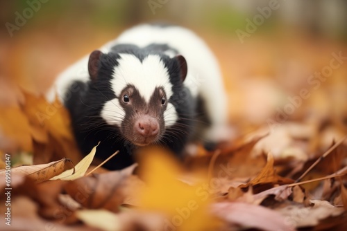 close-up of skunk snuffling in autumn leaves