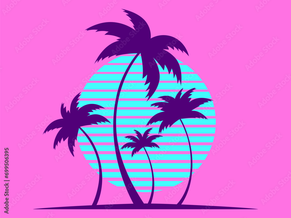 Naklejka premium Outlines of palm trees at sunset in the style of the 80s. Palm trees and blue sun on a pink background. Print design for advertising banners and posters. Vector illustration