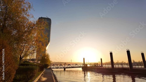 Belgrade waterfront tower and promenade on Sava river, Belgrade, Serbia. photo