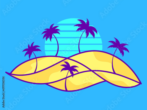 Desert landscape with palm trees and sand dunes isolated on blue background. Sunrise in the desert  sand dunes with silhouettes of palm trees. Design for print  banner and poster. Vector illustration
