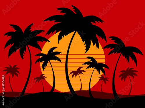 Palm trees on a retro sunset background. Tropical palm trees against the backdrop of a futuristic sunset. Design for promotional products  banner and poster. Vector illustration