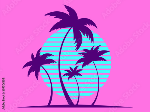 Outlines of palm trees at sunset in the style of the 80s. Palm trees and blue sun on a pink background. Print design for advertising banners and posters. Vector illustration