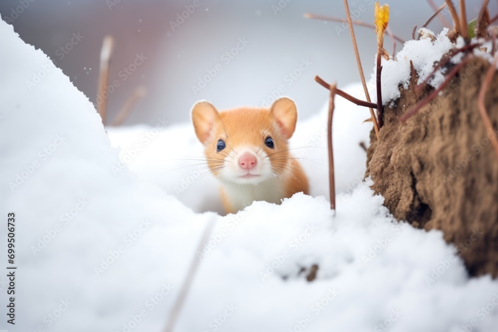 stoat peeking from snowy burrow entrance
