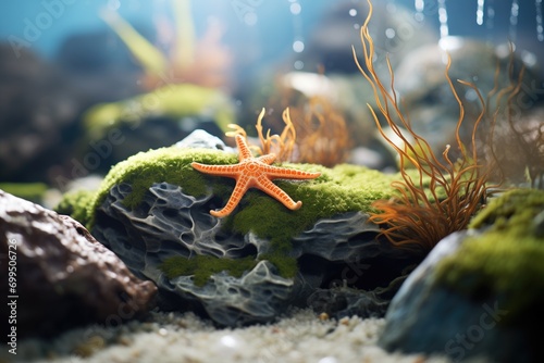 starfish clinging to a rock surrounded by seaweed photo