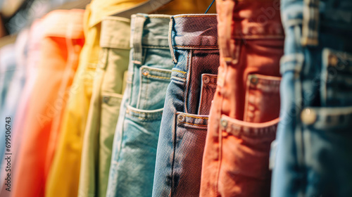 Close-up of pastel colorful jeans hanging on a rack in a store. Background for denim clothing store, a large assortment of denim pants of different colors.