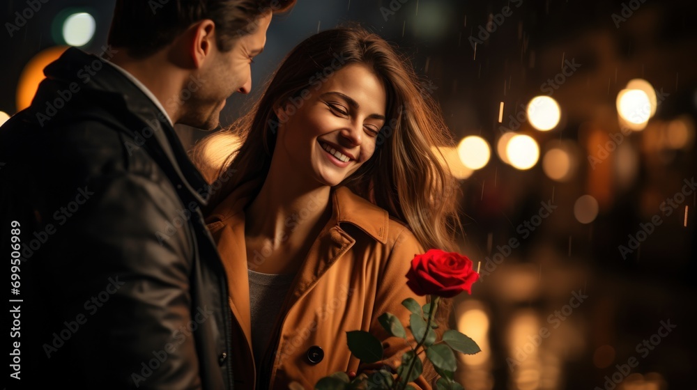 Happy Couple Holding Roses in Warm Daylight Romantic Valentine s Day Moment