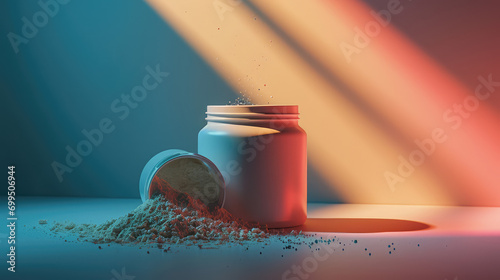 Mockup of round jar of creatine powder health supplement. Sports supplement packaging template on flat background with copy space for text. photo