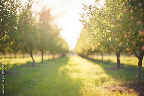 sunlit apple orchard rows