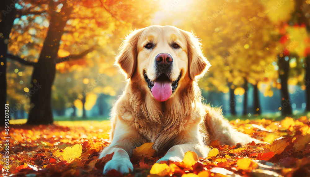 Portrait of a beautiful golden retriever lying on leaves with autumn colors in a public park with deciduous trees. Generative Ai. Portrait of a beautiful golden retriever lying on leaves with autumn colors in a public park with deciduous trees. Generative Ai.