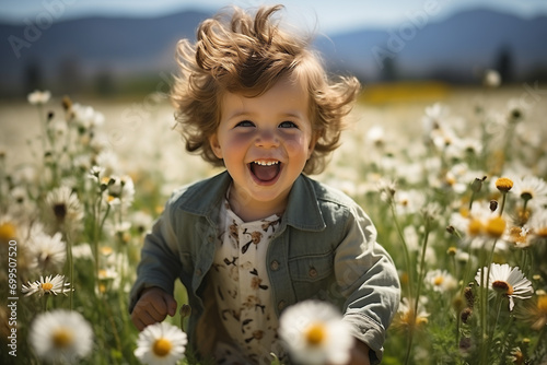 Bel bambino felice in un prato pieno di fiori in primavera photo