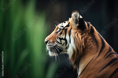 profile of tiger against deep greenery