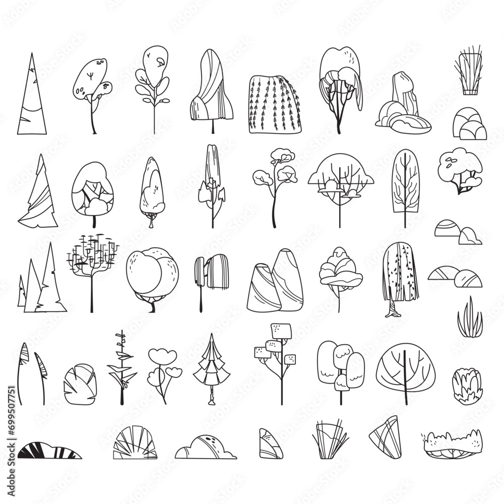 Tree line art set isolated on white background. Forest plant outline nature and landscape Vector illustration Tree line art set isolated on white background. Forest plant outline nature and landscape Vector illustration