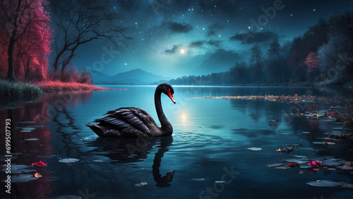 A graceful black swan glides gracefully across a serene lake in a mountain forest at night. Soft moonlight illuminates the scene.