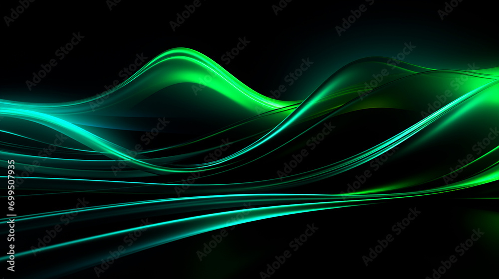 Fototapeta premium Glowing green neon curve lines background - ai generative