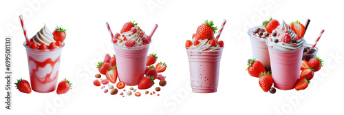 Collection Set of Strawberry Milkshake on plastic cup, isolated over on transparent white background. photo