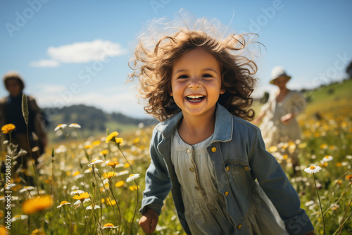 Fényképezés Bella bambina corre felice in un prato pieno di fiori in primavera